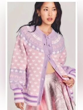 LoveShackFancy Pink Lavender Fair Isle Heart Cardigan Sweater S Amalo Boyfriend
